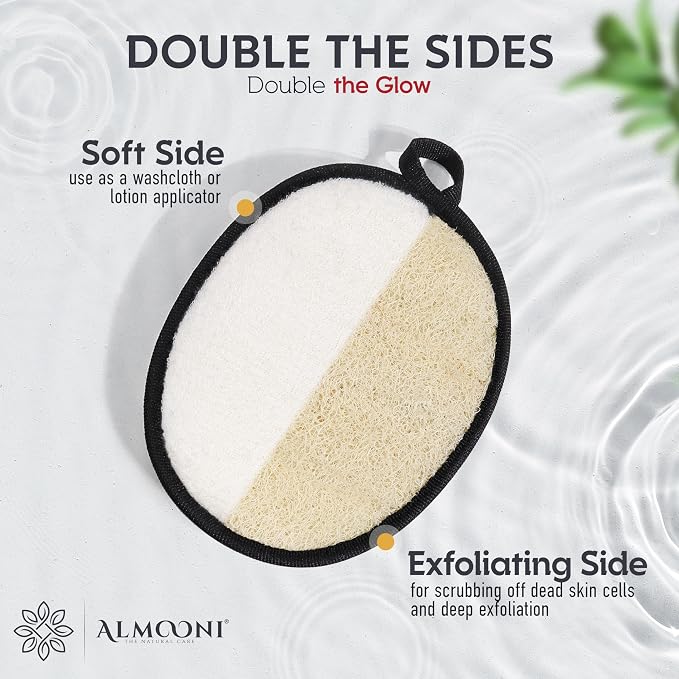Almooni Natural Exfoliating Loofah for Men, Lightly Abrasive Egyptian Loofah Body Scrubber for Men, Dual-Sided with Cotton Back, Hand Strap, Black, 2-Count