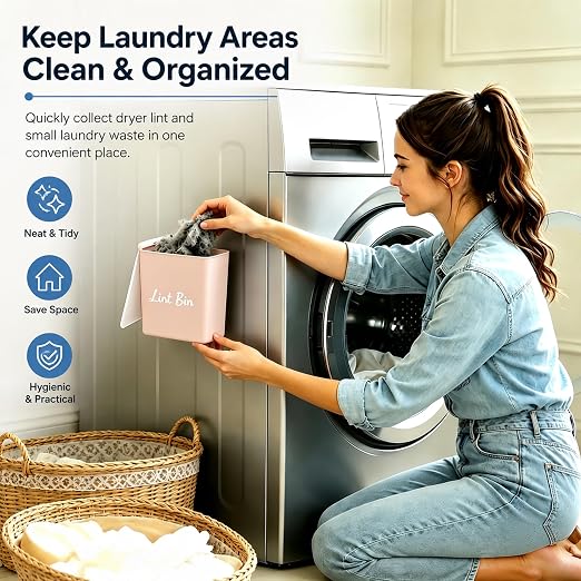 Magnetic Lint Bin with Lid for Laundry Room, Compact Plastic Dryer Lint Holder, Small Laundry Trash Container for Dryer Lint & Used Dryer Sheets, Space Saving Storage Decor Organizer (Pink)