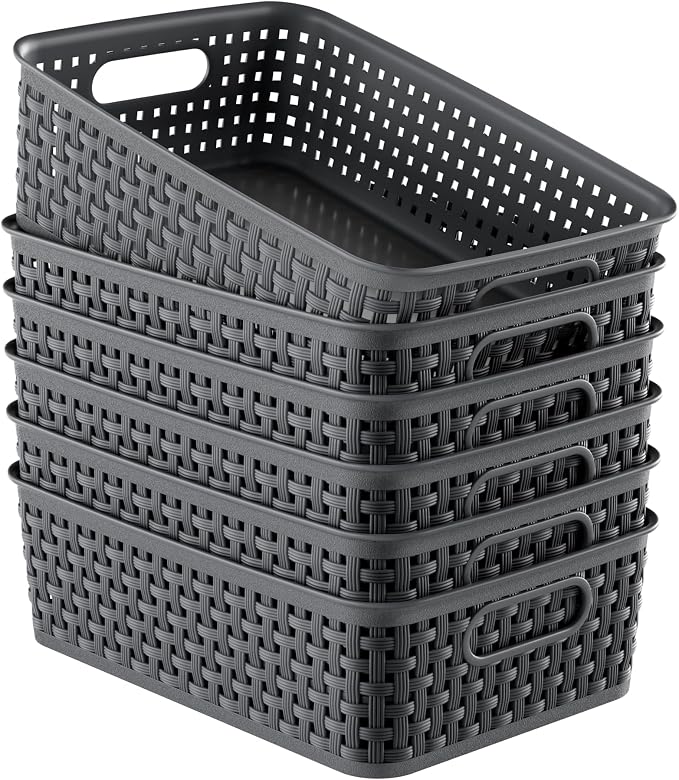 FUCDTEFC Black Plastic Basket, 8 Pack Home Organization and Storage Baskets with Handles, Space Saving Woven Organizer Bins Plastic Storage Basket for Organizing Cabinets,Closets, Shelves, Countertops