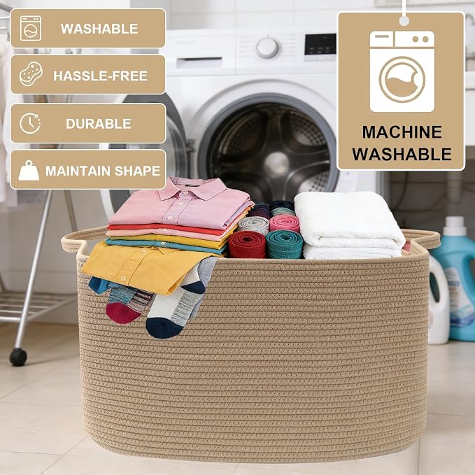 65L Large Laundry Basket with Handles,Woven Blanket Basket,Jute | 21"×16"×12" Collapsible Cotton Rope Storage Basket for Toys Clothes & Pillows, Nursery, Bathroom, Bedroom, Living Room