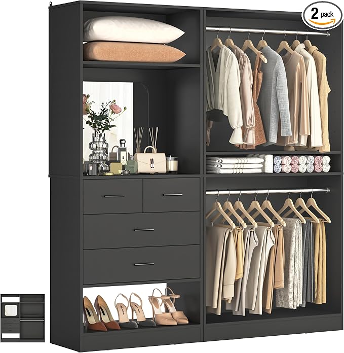 Unikito 61" Closet System, Heavy Duty Wood Closet Organizer with 2 Hanging Rods, Walk-in Wardrobe Garment Rack with Adjustable Shelves, Free-standing Clothing Rack, Black