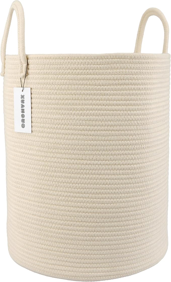 XUANGUO Cotton Rope Laundry Basket Hamper for Clothes, beige | Woven Storage Basket for Living Room Bedroom Boho Tall Rope Baskets for Blanket Toys Pillow Towels Baby Nursery Hamper Bin