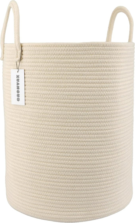 XUANGUO Cotton Rope Laundry Basket Hamper for Clothes, beige | Woven Storage Basket for Living Room Bedroom Boho Tall Rope Baskets for Blanket Toys Pillow Towels Baby Nursery Hamper Bin