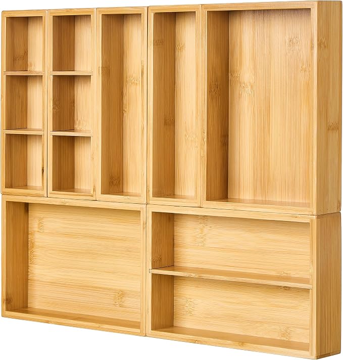 Vtopmart Bamboo Drawer Organizer Boxes - Set of 7 Multi-purpose Wooden Storage Dividers for Kitchen, Bathroom, Office, Desk, Makeup, Jewelry & More, Non-Slip Junk Drawer Organizer Trays for Storage