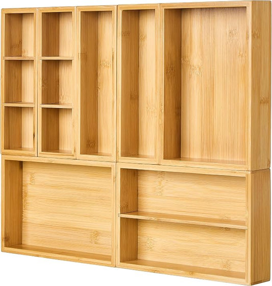 Vtopmart Bamboo Drawer Organizer Boxes - Set of 7 Multi-purpose Wooden Storage Dividers for Kitchen, Bathroom, Office, Desk, Makeup, Jewelry & More, Non-Slip Junk Drawer Organizer Trays for Storage