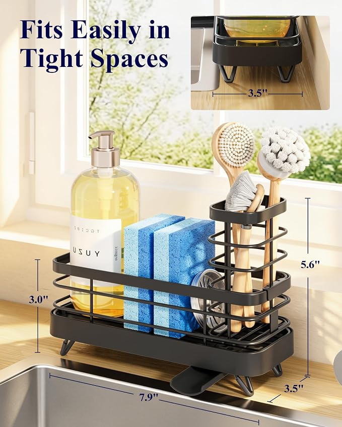 Kitsure Sponge Holder for Kitchen Sink, Self-Draining Sink Caddy, Sink Organizer with Rotating Drain Spout and Movable Brush Holder for Narrow Countertops (Black, 7.9" x 3.5" x 5.6")