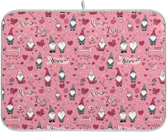 Happy Valentine’s Day Pink Dish Drying Mat for Kitchen Countertop 18x24 Love Gnomes Love Heart Gift Large Drying Mat Reusable Quick Dry Dish Sink Mats Easy Clean Decorative Essentials