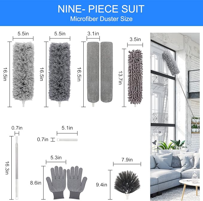 Duster with Extension Pole for Cleaning Ceiling Fans, High Ceilings, in Addition, Dusters for Cleaning Can Also Be Used for Low Places Cleaning, Such As Cabinets, Sofas, and Other Small Spaces.