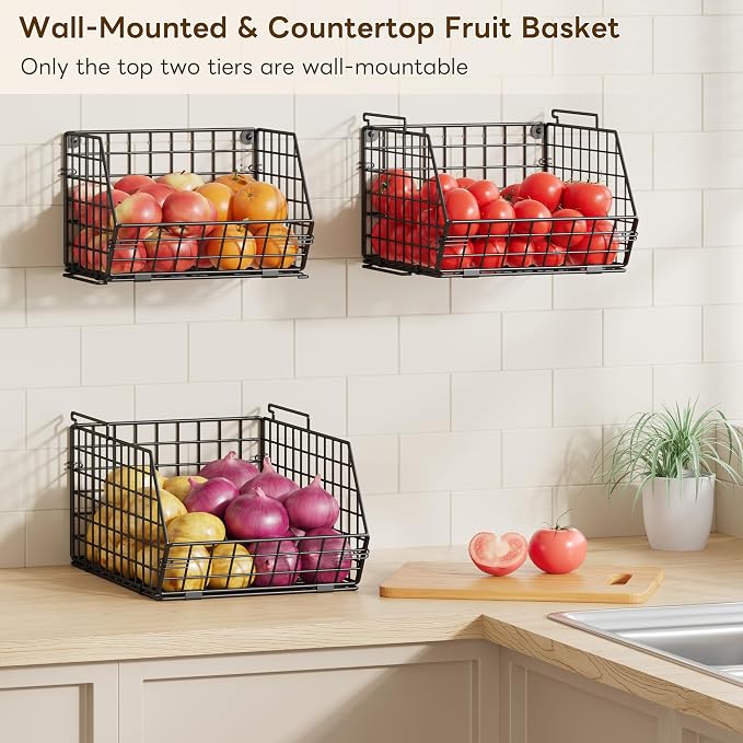 3-Tier Stackable Wire Baskets for Counter, Fruit and Vegetable Storage, Potato and Onion Storage Bin，Kitchen Pantry Organizer - Wall Basket for Produce/Snack/Can, Black