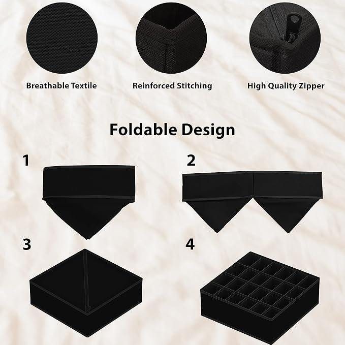 Simple Houseware 4-Pack Drawer Organizer Set for Underwear/Socks/Bra, Black | Closet Dividers for Underwear, Socks, Bras, Scarves, Ties - Foldable Non-Woven Storage Boxes