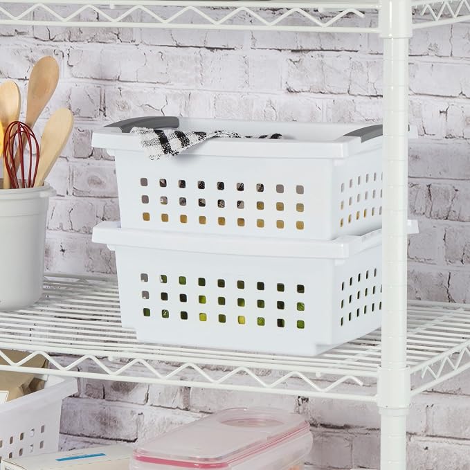 Sterilite 8 Pack Small Stacking Basket, Open Top Storage Bin with Handles, White - Ideal for Home Closets, Kitchens, or Office Organization