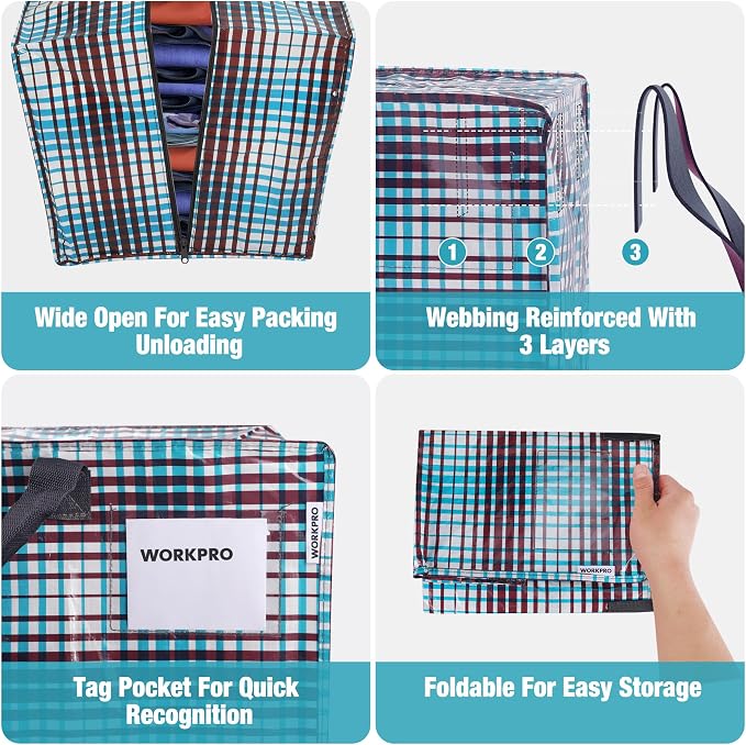 WORKPRO 6 Pack Extra Large Moving Bags with Backpack Straps & Handles | Heavy Duty Moving Storage Bags, Lattice Print, Double Zippers for Moving, Dorm, Closet Storage & Travel