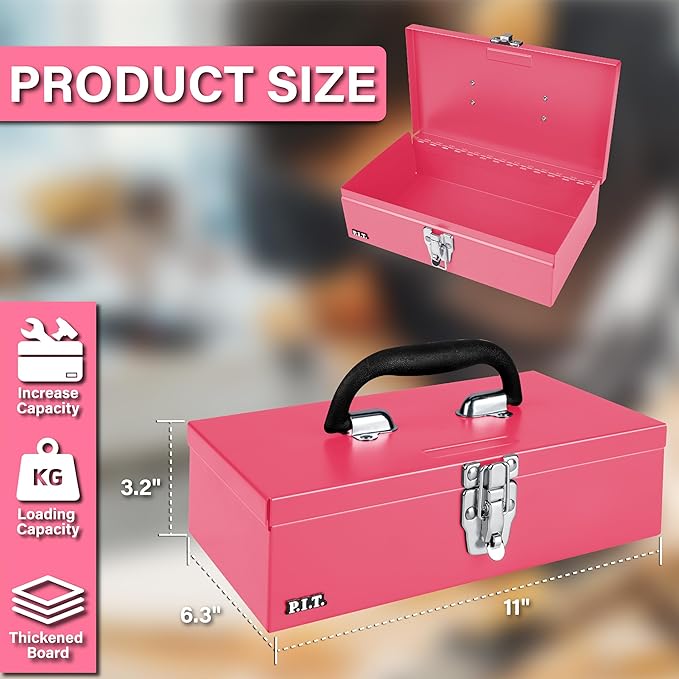 P.I.T. 11'' Small Tool Box, Portable Metal Tool Box,Pink Mini Tool Chest, Portable Steel Tool Case with Metal Latch Closure for Basic Tool Kits or Craft Storage
