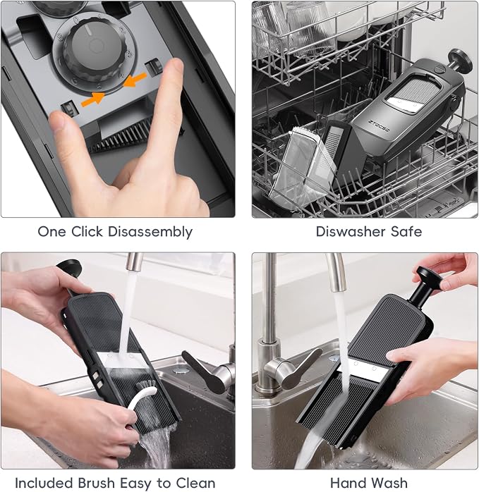 Vegetable Slicer for Kitchen, Safe Mandoline Slicer, Adjustable Veggie Potato French Fry Cutter, Wider Tray & Stainless Steel Grater & Filter Basket & Lid & Cleaning Brush (Black Pro)