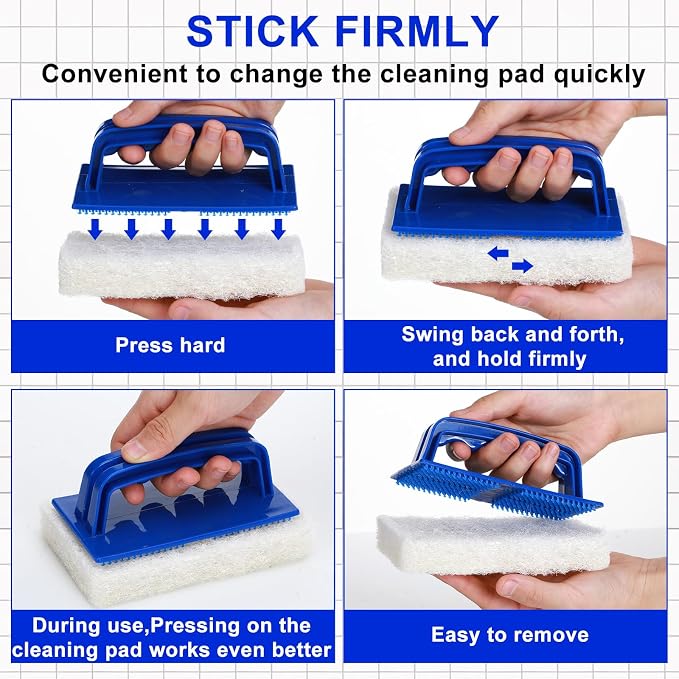 Maxdot 18 Pcs Handled Bath Scrubber Set, 15 Bathroom Scouring Pad 3 Bathtub Scrubber with Handle Non Scratch Soap Scum Remover for Cleaning Sink Shower Tile Swimming Pool Step Corner(Blue and White)