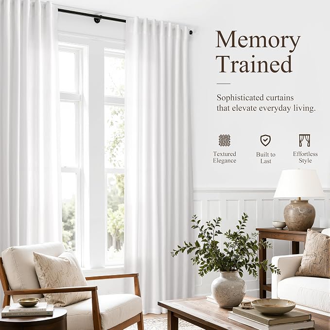 Hokibero White Linen Curtains 108 Inches Long for Living Room 2 Panels | Light Filtering Semi Sheer Curtain, Back Tab Rod Pocket Pleated Look, White Window Drapes for Bedroom Privacy, Boho Farmhouse