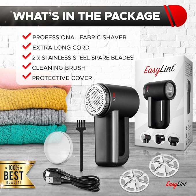 EasyLint Rechargeable Fabric Shaver Lint Remover, Effectively Remove Fuzz, Pills & Bobbles from Clothes, Sweaters, Couch and Furniture, 3-Speeds, 6-Leaf Blade Lint Shaver, LED Display & USB Charging