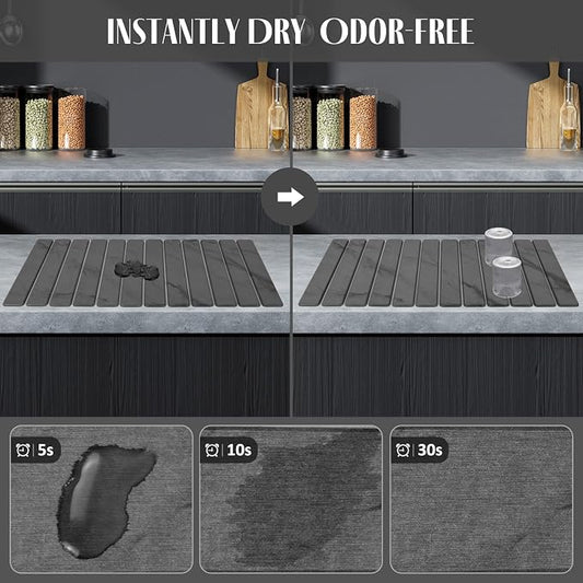 2 PCS Extra Large Stone Dish Drying Mat for Kitchen Counter, 28"×16" Marble Dish Drying Mat with 8"x 4" Coasters, Non - Slip Collapsible Absorbent Mat for Multi - Purpose, Match Any Countertop