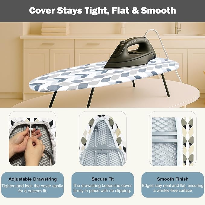 UniSimp Small Ironing Board Cover and Pad 12.5"x30" Small Iron Board Cover with Padding,Tabletop Mini Ironing Board Cover and Pad Small Size, Cotton Canvas, Heat Resistant, Drawstring Closure Foliage