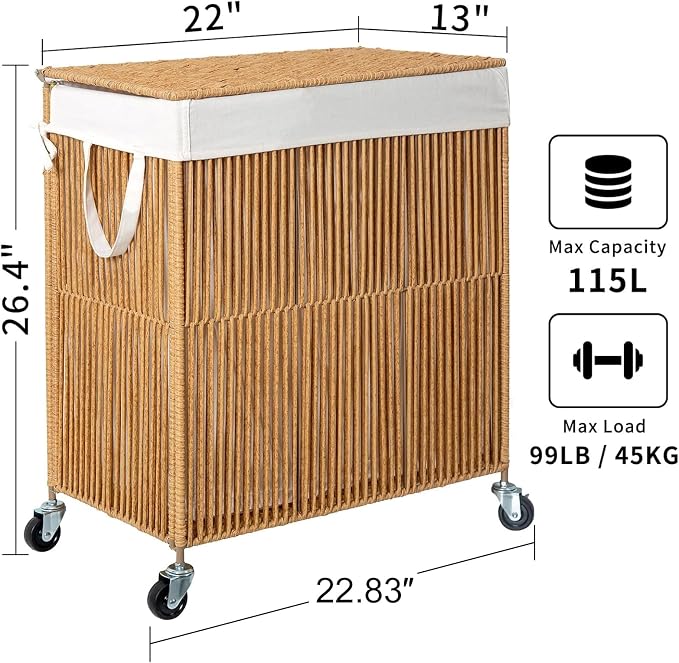 WOWLIVE Rolling Laundry Basket Wheels, Handwoven Laundry Hamper with Lid | Double Clothes Hamper with Divided Removable Bag, 115L Large Laundry Sorter 2 Section, Laundry Room Organization, Natural