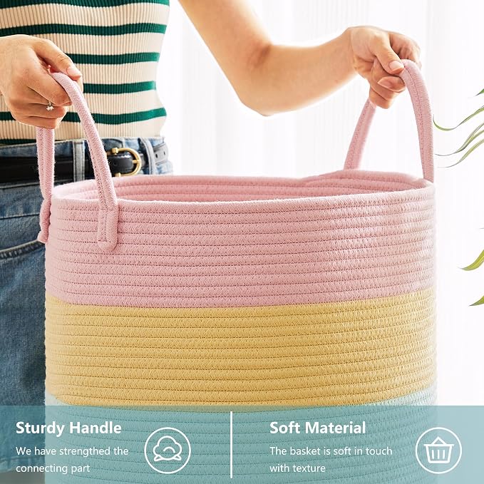80L Large Rainbow Hamper Tall Woven Laundry Basket for Girls Kids | Clothes Hamper for Baby Nursery Toy in Playroom Blanket Basket for Living Room Bedroom 16"D x 22"H Pastel Unicorn