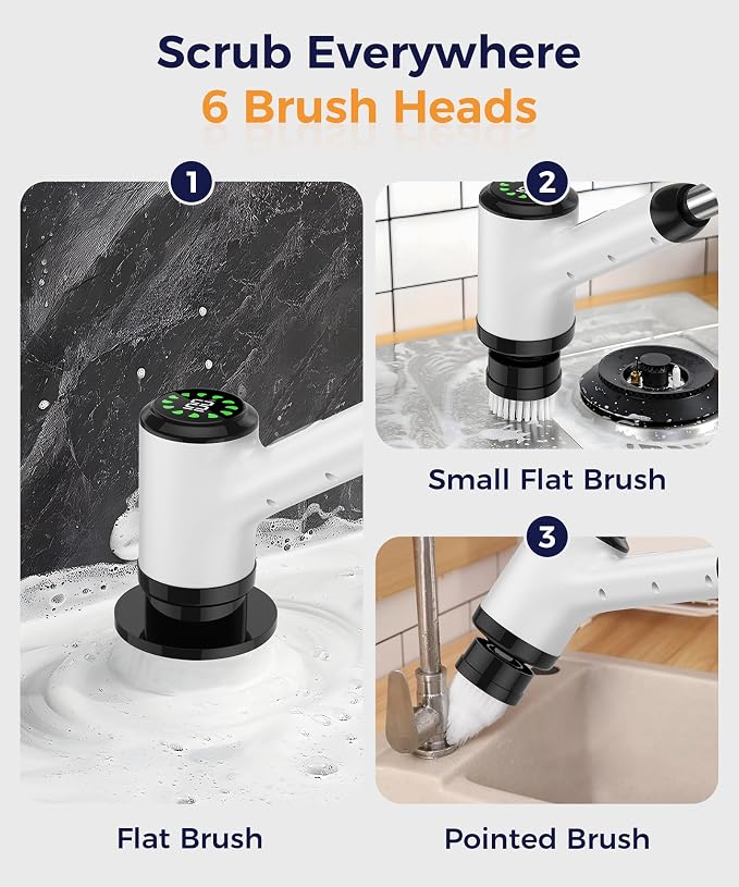 Cordless Electric Spin Scrubber, 6 Brush Heads, Long Handle | Power scrubber, adjustable long handle, IPX7 rated body, lightweight grip, bathroom, kitchen, tile, grout, tub, shower, floor