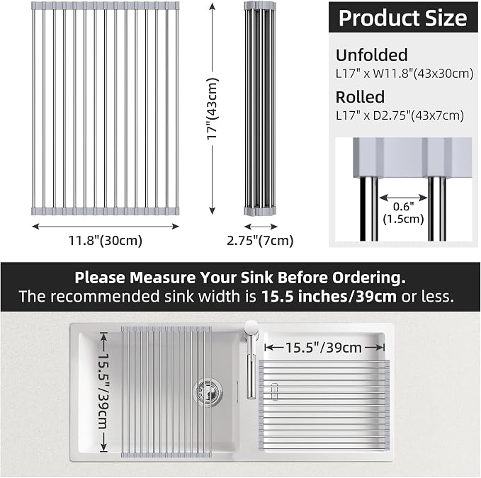 Over Sink Dish Drying Rack, 17" L x 11.8" W, Roll Up Dish Drying Rack for Kitchen, Gray