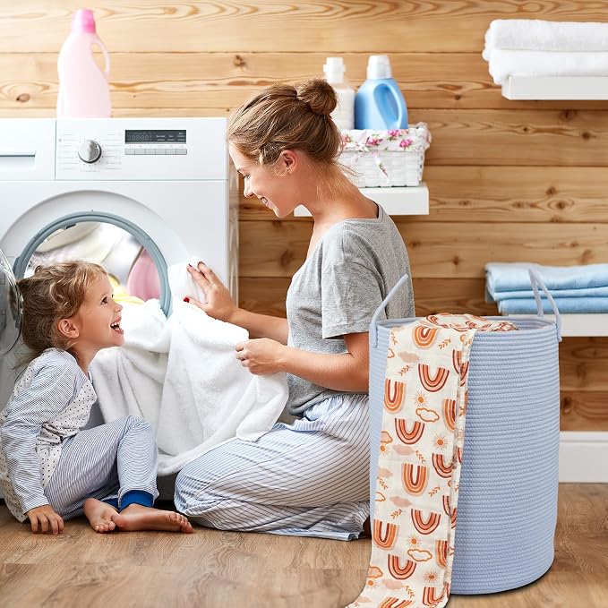 XUANGUO Cotton Rope Laundry Basket Hamper for Clothes, large light blue | Woven Storage Basket for Living Room Bedroom Boho Tall Rope Baskets for Blanket Toys Pillow Towels Baby Nursery Hamper Bin