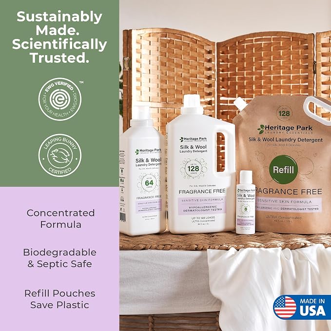 Heritage Park Silk & Wool Delicates Detergent - Fragrance Free - 32 fl oz | EWG Verified & EPA Safer Choice - Enzyme-Free Liquid Detergent - Hypoallergenic, Dermatologist Tested, Gentle on Silk & Wool