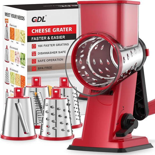 GDL Upgraded Cheese Grater Shredder Hand Crank, Vegetable Slicer, 4 Blades | 18x Faster Cutting, Stronger Suction Base, No BPA, Stainless Steel Blade, Dishwasher Safe, For Cheese & Veggies & Nuts