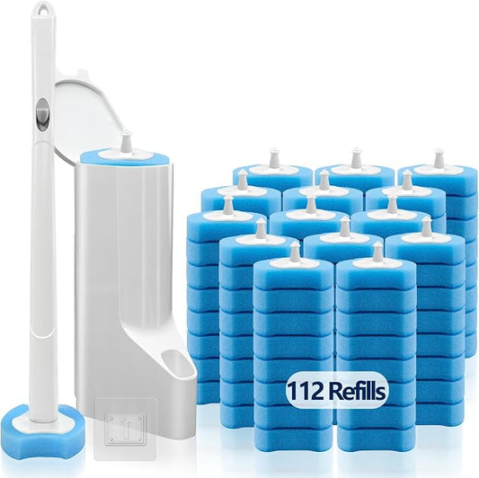 Disposable Toilet Brush, Toilet Bowl Cleaner Wand Kit with 112 Refills | Wall-mounted Toilet Scrubber Kit-16.81" ABS Handle Holder, 112 Sponge Brush Heads for House, Apartment, RV Bathroom Cleaning