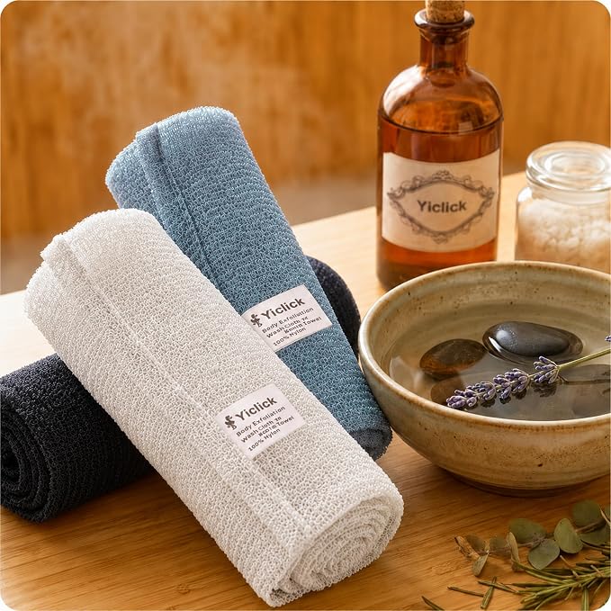 3 PCS Exfoliating Washcloth Towels - Exfoliating Body Scrubber Exfoliator, Back Scrubber for Shower Bath Use, Japanese & Korean Scrub Wash Cloths, Loofah Lufa Sponge Washer for Women Men