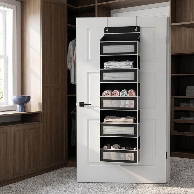 5 tier over the door organizer，behind door organizer，no drill door hanging storage for Bedroom Dorm Wardrobe Home Travel (Modern Minimalist Black)
