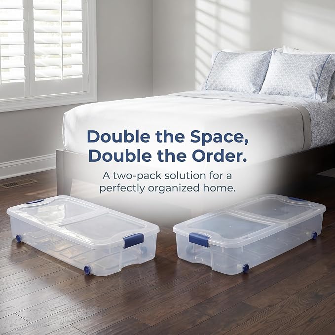 Under Bed Storage Bin 66 Quart, Clear Rolling Container with Wheels & Lid (2 Pack)
