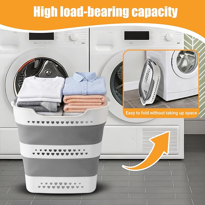 2 Pcs 42L Collapsible Laundry Baskets- Foldable Laundry Basket with Handles, Sturdy Plastic Pop Up Laundry Hamper, Space Saving Storage Container for Wet/Dry Use, Ideal for Home, Dorm, Apartment Grey