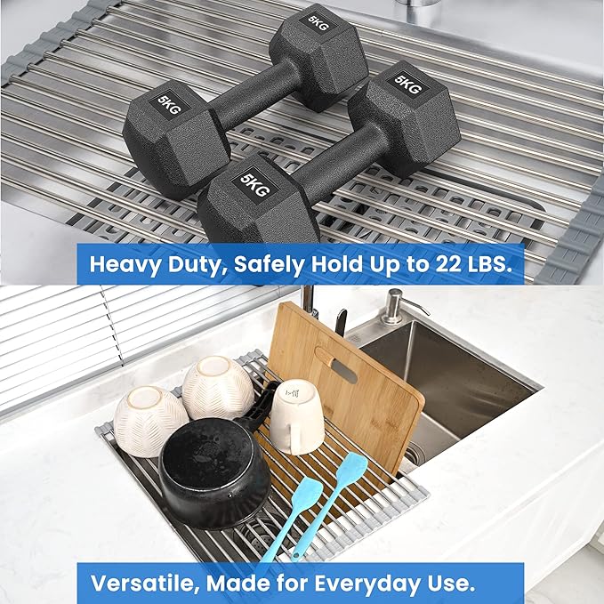 304 Stainless Steel Roll Up Dish Drying Rack | Adjustable Over The Sink Dish Drying Rack for Kitchen, 10"-20" Foldable Dish Rack for Drying Dishes & Draining Items