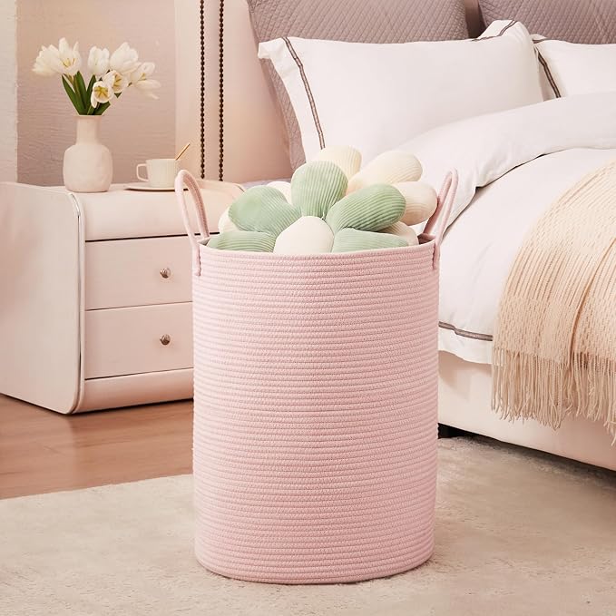 Pink Hamper Laundry Basket for Girls Kids Baby Nursery 60L Large | 15x20 Inches Woven Rope Hamper, Tall Nursery Storage Bin, Kawaii Bedroom Laundry Hamper