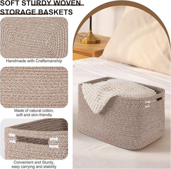 OIASKET Storage Baskets for Organizing, Woven Decorative Baskets for Shelves - Books, Towels, and Clothes, Cotton Rope Toy Storage Bins, 12.7''Lx9''Wx7.8''H, Pack of 4, Linen Brown