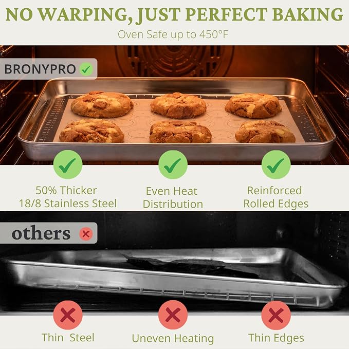 BRONYPRO 18/8 Stainless Steel Baking Sheet Set (3 Pans + 3 Mats+ 1 Rack) | Uncoated Cookie Sheets Non Toxic -PFOA & PTFE Free,Trays with Wire Rack & Macaron Silicone Mats, 9/12/16 Inch