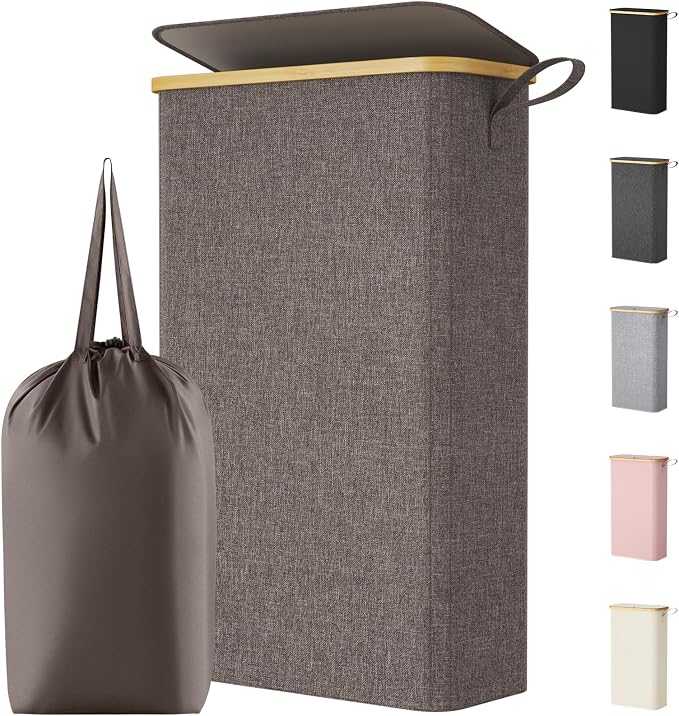 Lifewit 65L Slim Laundry Hamper with Lid, Narrow Laundry Basket with Removable Bag & Bamboo Handles, Fodable Thin Dirty Clothes Hamper for Laundry Collapsible Bin for Bathroom Bedroom Dorm, Brown
