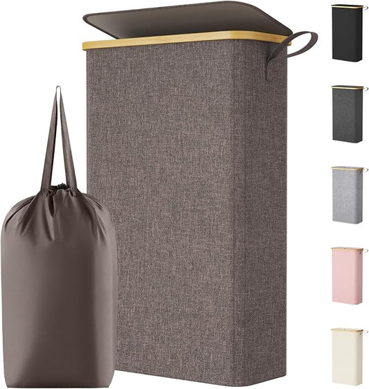 Lifewit 65L Slim Laundry Hamper with Lid, Narrow Laundry Basket with Removable Bag & Bamboo Handles, Fodable Thin Dirty Clothes Hamper for Laundry Collapsible Bin for Bathroom Bedroom Dorm, Brown