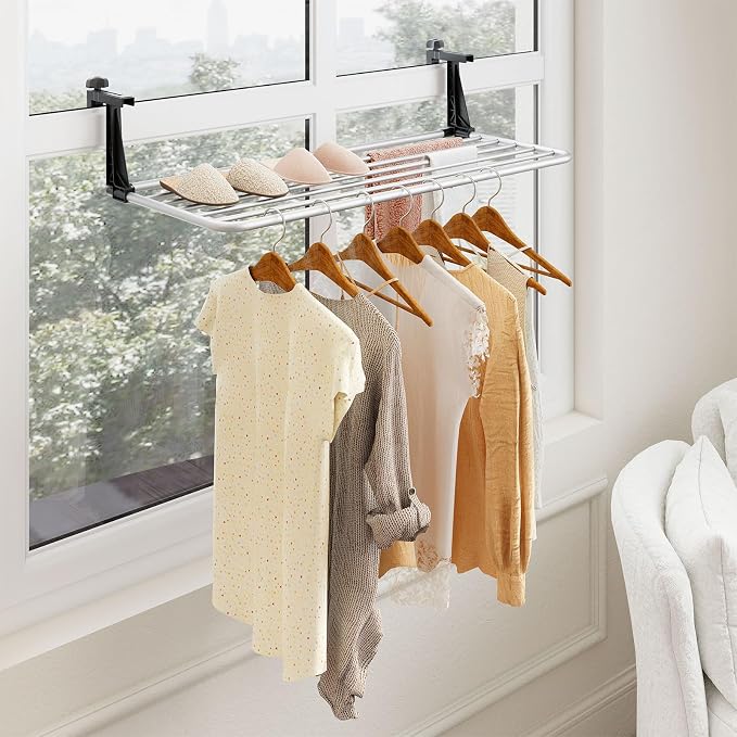Giantex Portable Clothes Drying Rack, Aluminum Hanging Laundry Rack with Adjustable and Foldable Brackets, Radiator Airer, Indoor Outdoor Towel Rack for Balcony Railings, Windowsill (37" L)