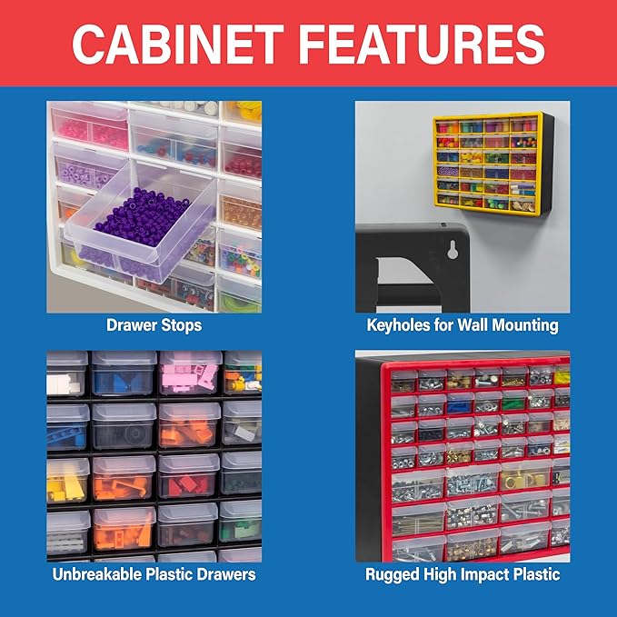 Akro-Mils 24-Drawer Plastic Drawer Storage Cabinet for Garage Organization, Bead Organizer, Building Bricks Storage, Teacher Toolbox, Makeup Organizer, 20" W x 6" D x 16" H, 10124 Black
