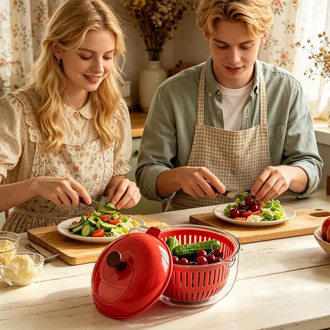 Salad Spinner, Hand Cranked Fruit Washing Spinner with Handle, Multifunctional Fruit and Vegetable Washing Bowl with Drain Basket, Reusable Salad Dehydrator Drainer for Home Kitchen