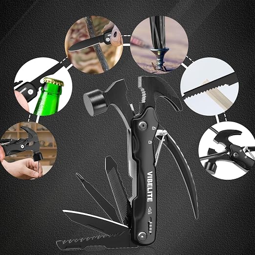 Gifts for Men, 12 in 1 Multitool Hammer for Camping, Hunting, Hiking | Birthday Gifts for Men, Dad, Him, Husband, Boyfriend, Women, Mens Gift from Daughter, Wife, Son, Black