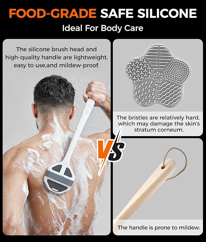 Silicone Body Scrubber with Handle - 2 Pack Body Scrubber with Long Handle, Soft Bristles Gentle Exfoliating Bath Brush for Deep Clean, Grey + Pink