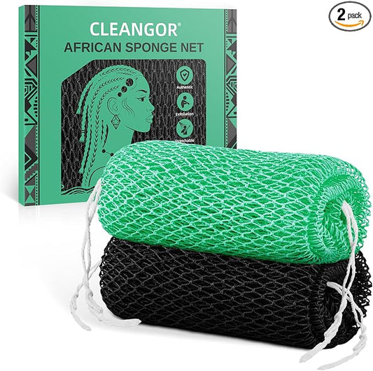 Cleangor 2Pcs African Net Sponge Authentic with Knots - Exfoliating Body | Scrubber for All Skin Types, African Bath Sponge, Wash Cloth, Gentle Exfoliation Shower Rag for Women Daily Use