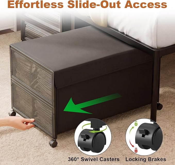 Fokyfok 2 Pack Under Bed Storage with Wheels,16 inch Tall Extra Large Under Bed Clothes Storage,Underbed Storage with Wheels,Rolling Under Bed Drawers with Lid for Dorm,College,Apartment,Black