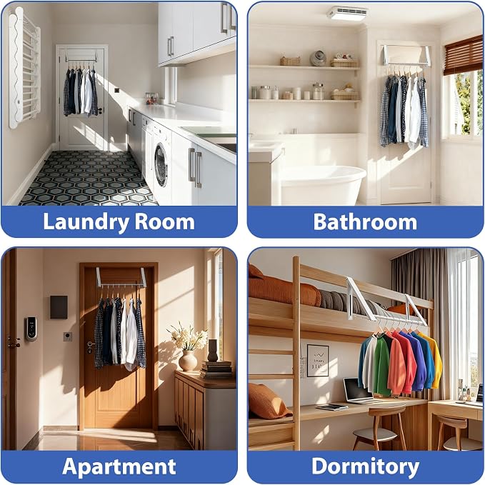 Over The Door Hanger, Foldable Over The Door Drying Rack with 20"-32" Expandable Width, Space Saving Doors Clothes Hanger for Laundry, Bathroom, Apartment, Fits Doors up to 1-1/4”, Metal, White