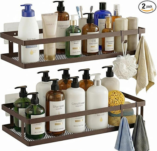 PUSDON 2-Pack Minimalist Shower Caddy Wall Mount, Open Frame Bathroom Shelf Organizer with Mesh Base, Rustproof Floating Spice Rack for Kitchen, Holds 50 LBS, 4 Hooks - Vintage Bronze, Guardrail